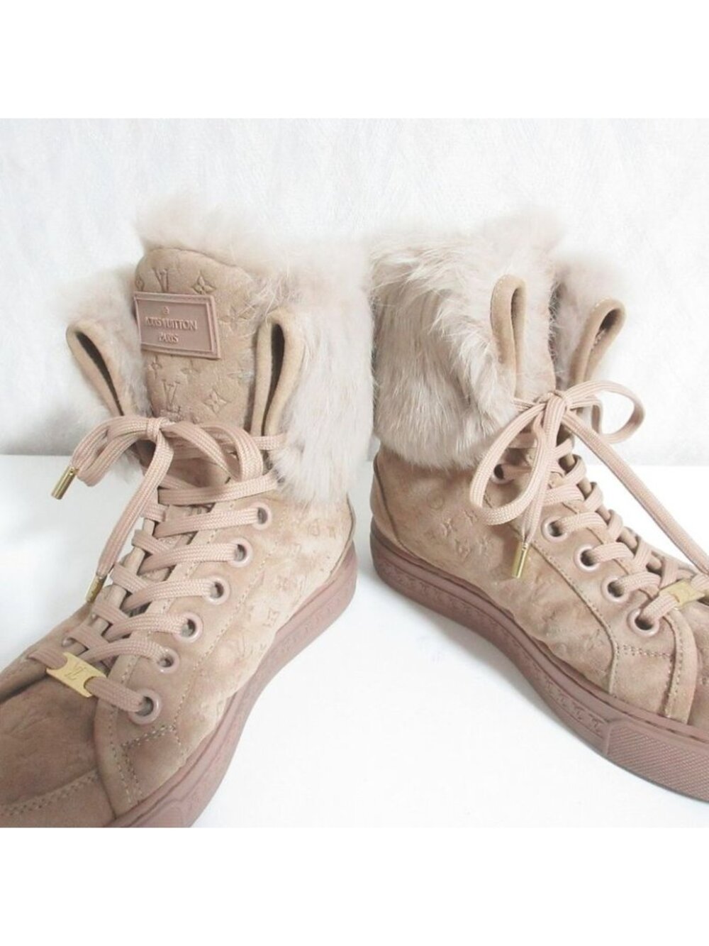Louis Vuitton Monogram Embossed Suede High Cut Shearling Sneakers 35 Pink Beige - Picture 6 of 10